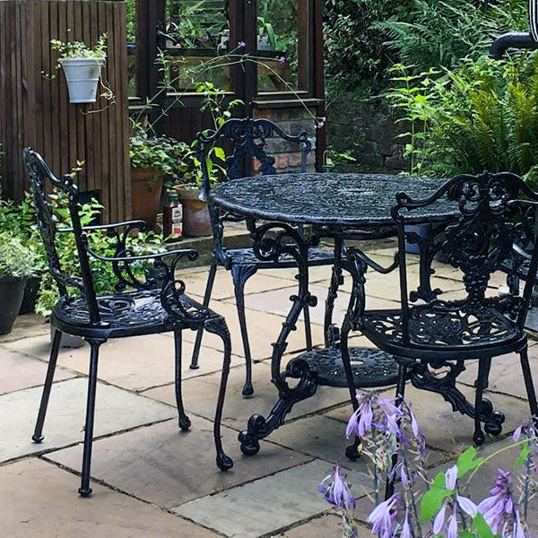 The Foalyard Jardine Leisure Aluminium Victorian Round 94cm Table with Grape Carver Chairs Garden Patio Set for Four