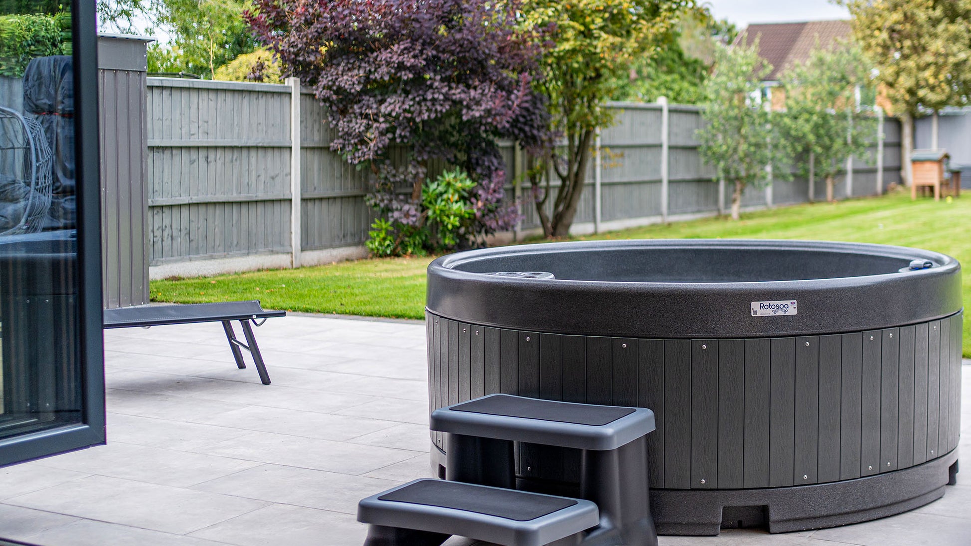 TheFoalyard RotoSpa OrbisSpa hot tub Granite Grey with Dark Grey panels British Made -TheFoalyard RotoSpa OrbisSpa hot tub Granite Grey with Dark Grey panels British Made - back garden home premium relax bubbling jacuzzi with steps