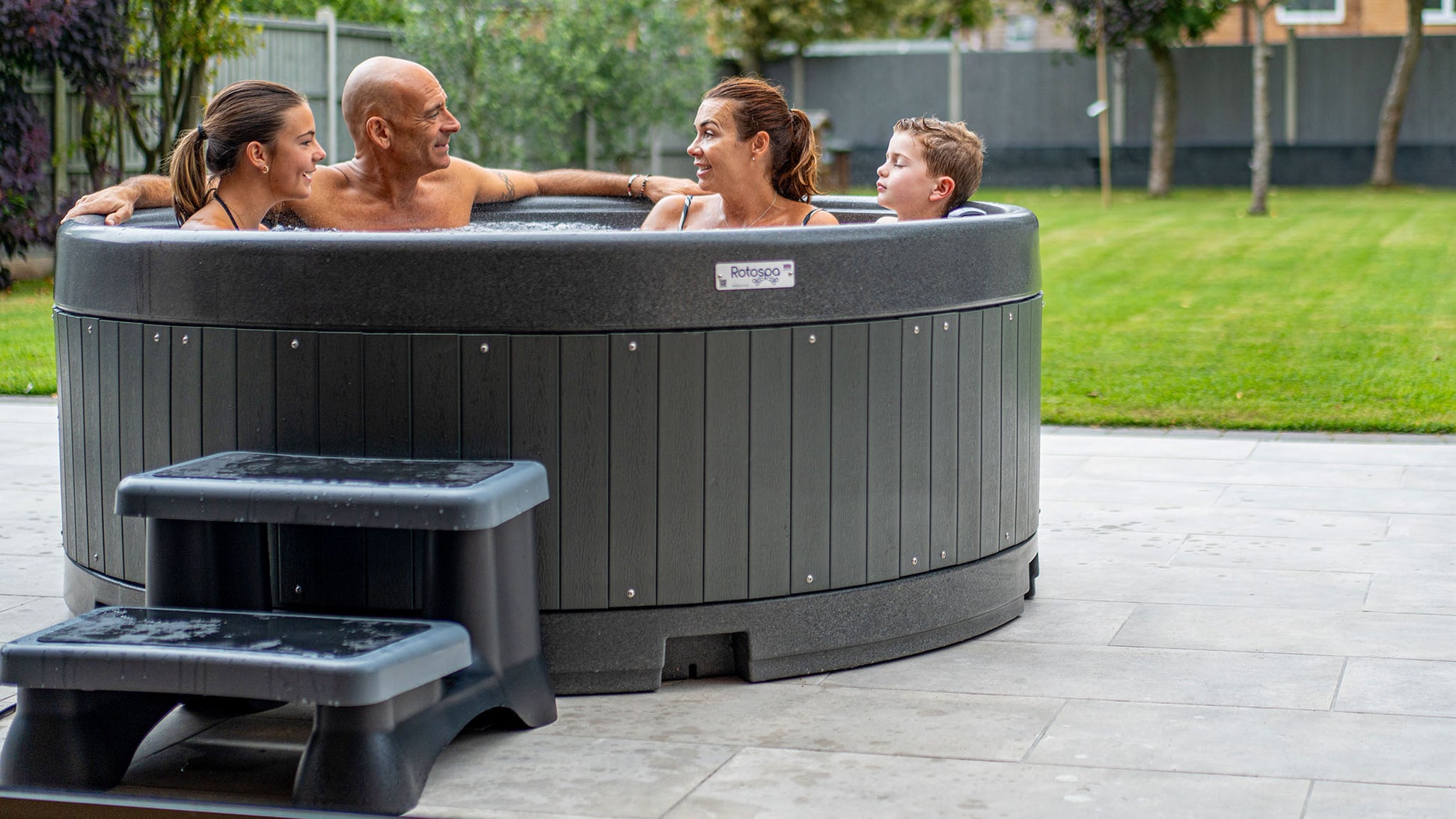 TheFoalyard RotoSpa OrbisSpa hot tub Granite Grey with Dark Grey panels British Made - family jacuzzi relax with steps home back garden