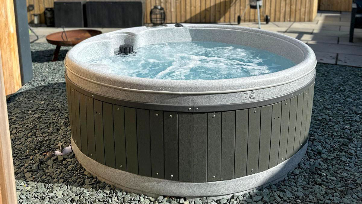 TheFoalyard RotoSpa OrbisSpa hot tub Light Dark Grey with Dark Grey panels British Made - Burns Farm premium bubbling jacuzzi home back garden relax