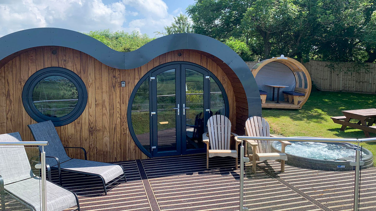 TheFoalyard RotoSpa QuatroSpa British made hot tub Granite Grey shell with Dark Grey panels 5 6 persons - Sky Meadow Glamping Yerbeston Farm premium built-in jacuzzi