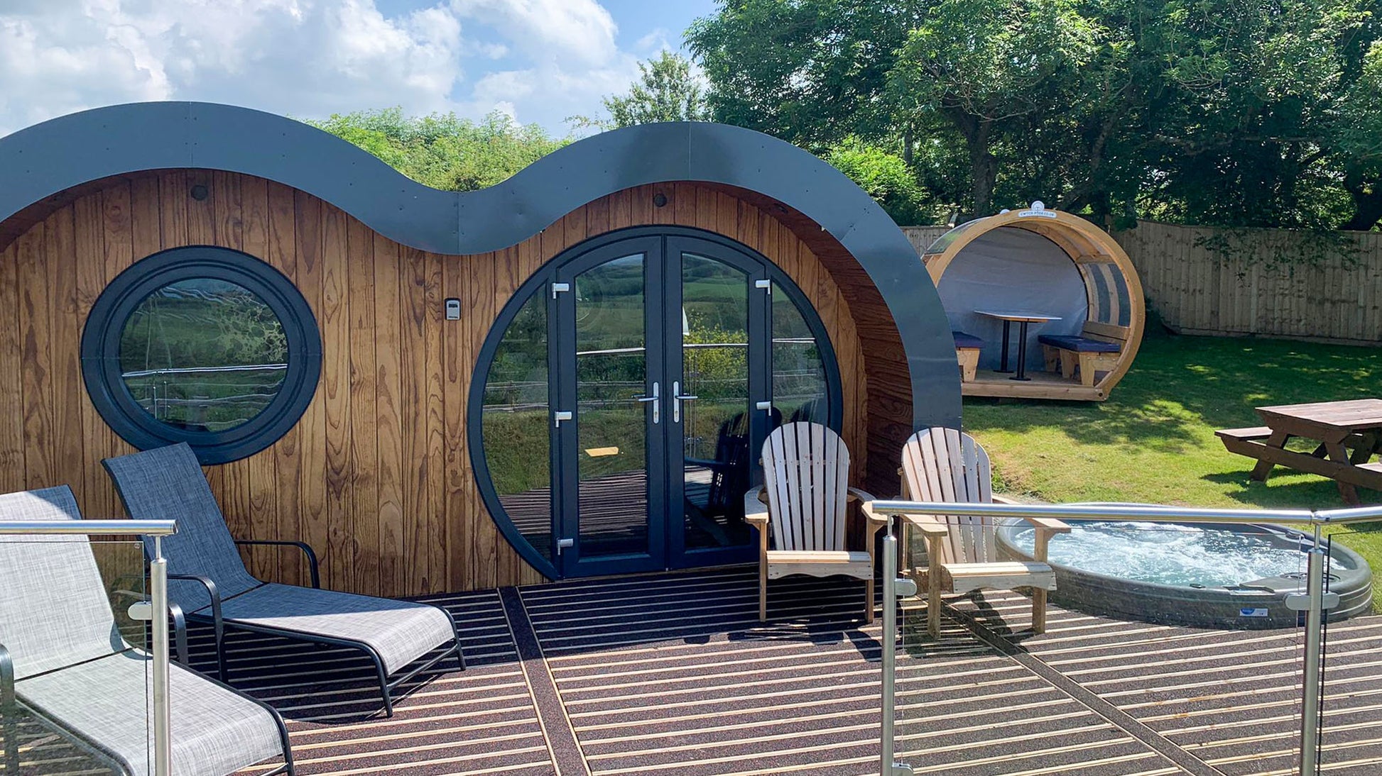 TheFoalyard RotoSpa QuatroSpa British made hot tub Granite Grey shell with Dark Grey panels 5 6 persons - Sky Meadow Glamping Yerbeston Farm premium built-in jacuzzi