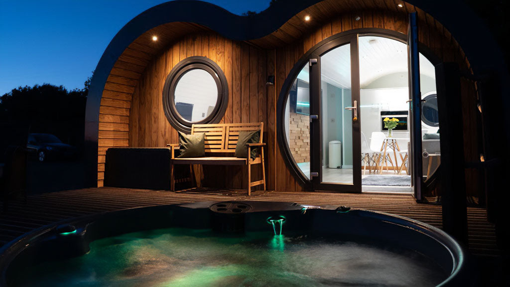 TheFoalyard RotoSpa QuatroSpa British made hot tub Granite Grey shell with Dark Grey panels 5 6 persons - Sky Meadow Glamping Yerbeston Farm premium jacuzzi night lights