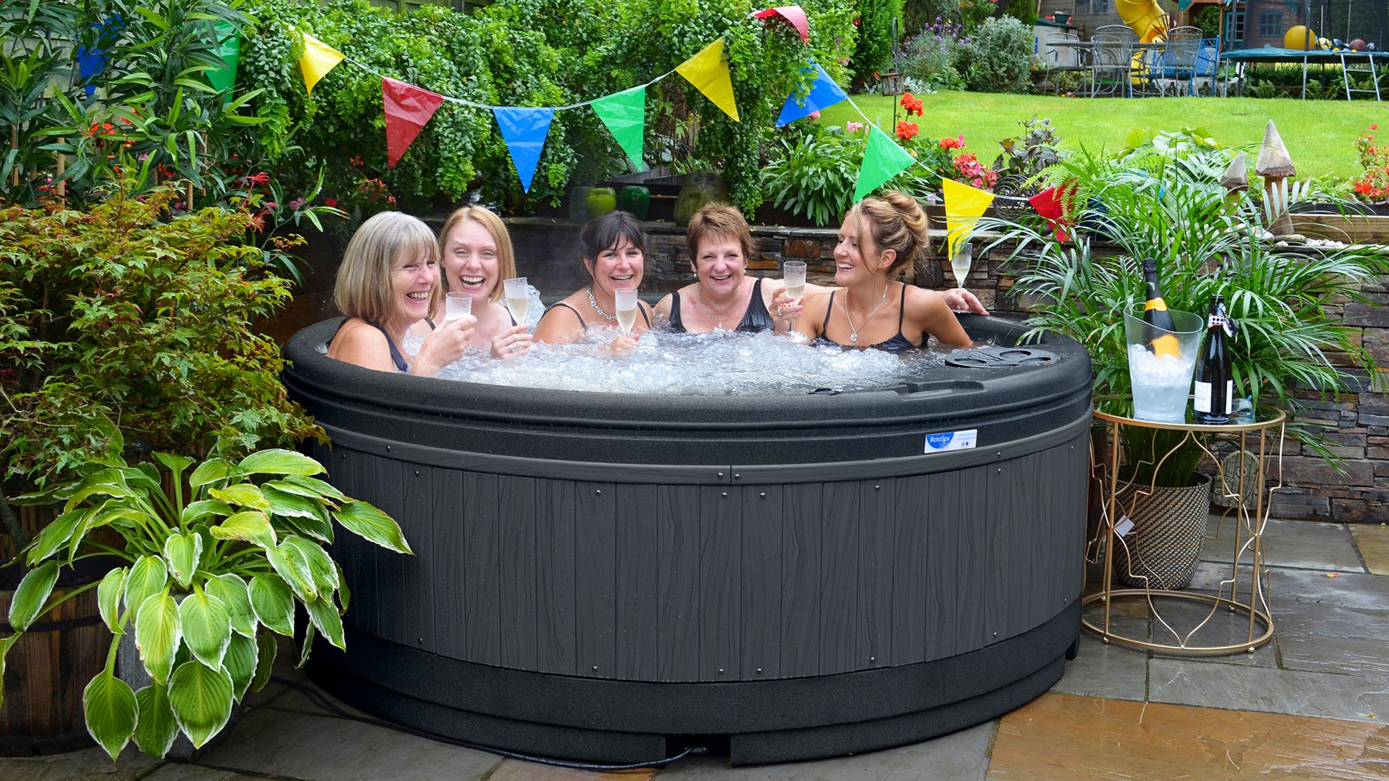 TheFoalyard RotoSpa QuatroSpa British made hot tub Granite Grey shell with Dark Grey panels 5 6 persons - friends party bubbling jacuzzi