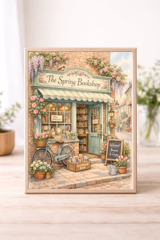 The Spring Bookshop Wall Art – Vintage Floral Bookstore Illustration Cottagecore Home Decor Print