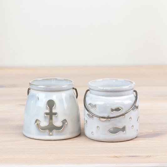 The Foalyard - Portland Living Porcelain Anchor and Fish Cut-Out Candle Holders 8cm - quality metal handle