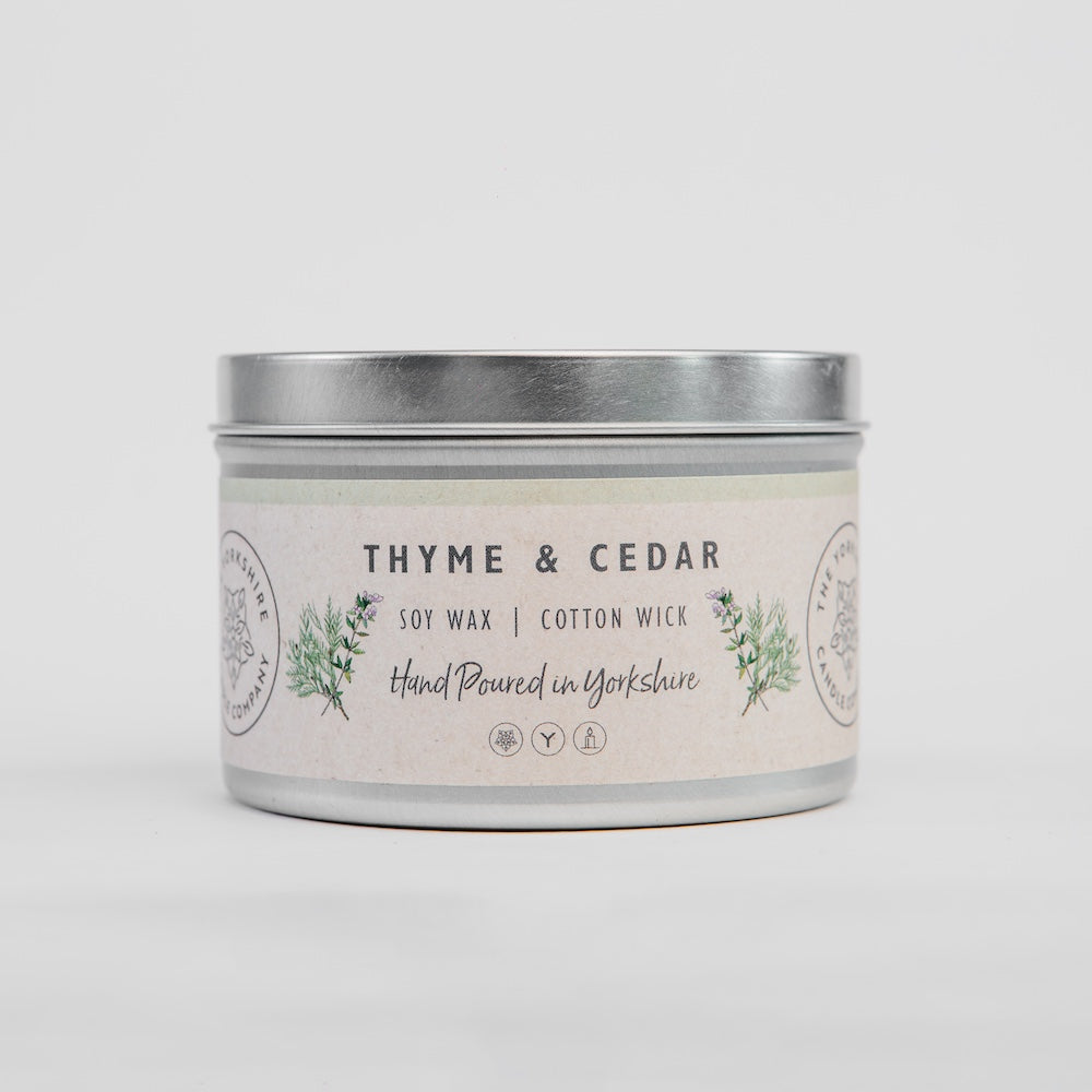 The Foalyard Thyme Cedar Scented Large Tin Candle