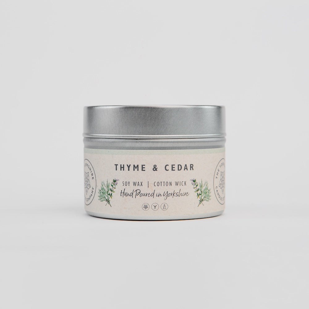 The Foalyard Thyme Cedar Scented Small Tin Candle