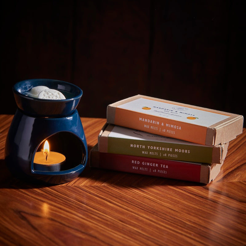 The Foalyard Yorkshire Candle Company Wax Melt Oil Burner Blue with Mandarin Mimosa North Yorkshire Moors Red Ginger Tea melts