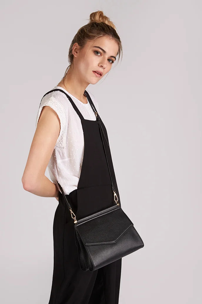 Thea Black Double Flap Crossbody Bag