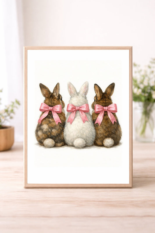 Three Bunny Wall Art – Cute Easter Rabbits with Pink Bows Watercolour Print Spring Nursery Cottagecore Decor