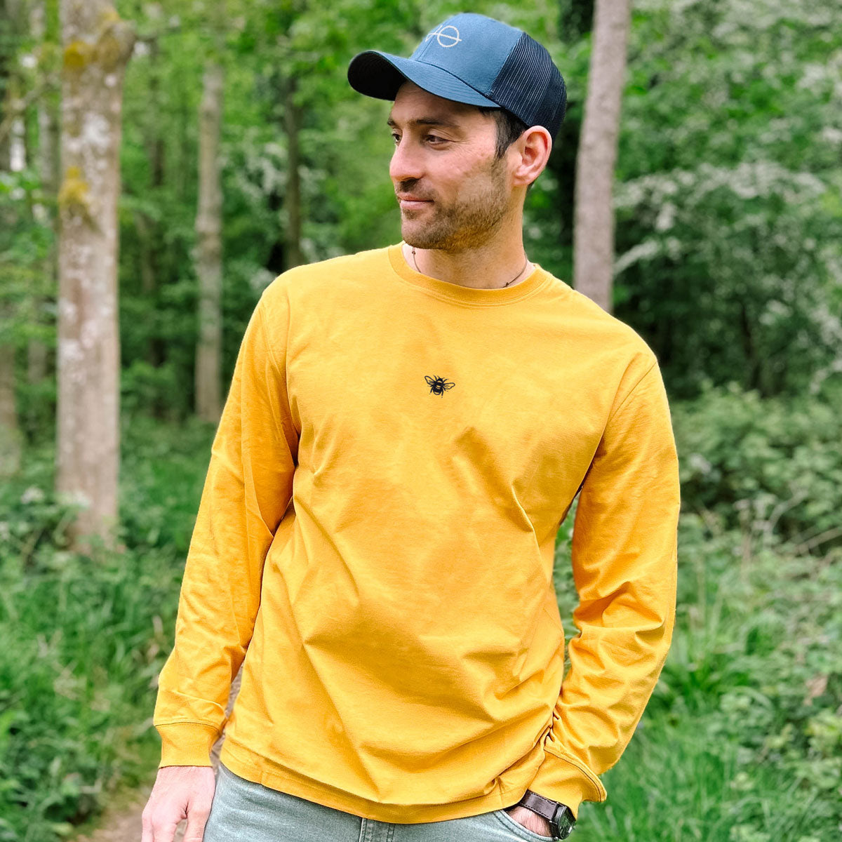 Tiny Embroidered Bumble Bee Long Sleeve T-Shirt (Unisex)