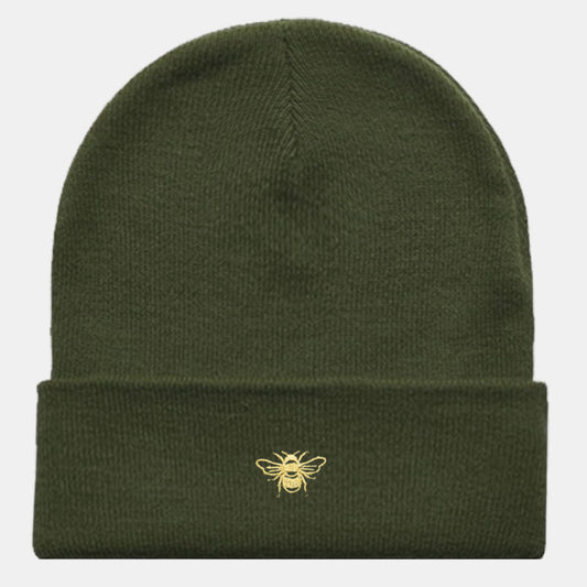 Tiny Embroidered Bumble Bee Vegan Cuffed Beanie