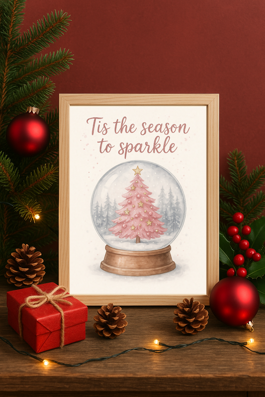 ’Tis the Season to Sparkle Wall Art – Pink Christmas Tree Snow Globe Print