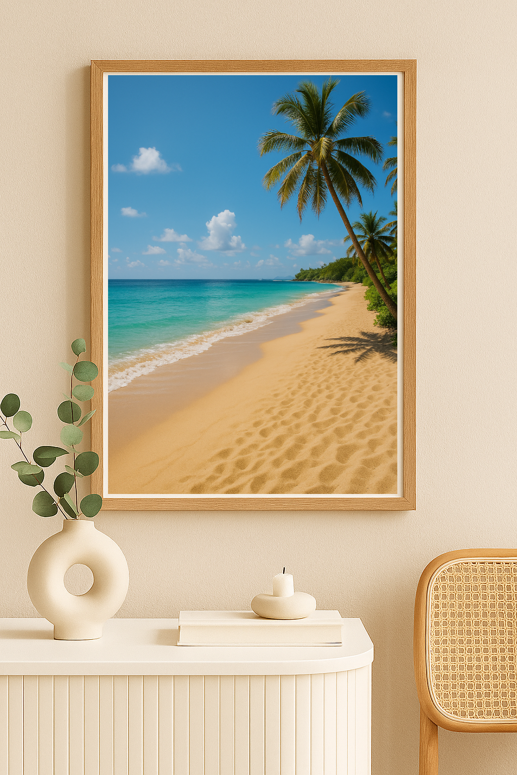 Tropical Beach Wall Art – Serene Palm Tree Coastline Photography Print