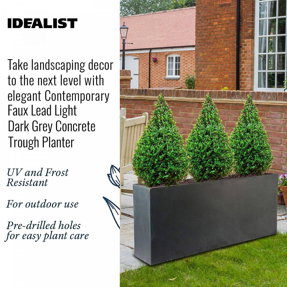 IDEALIST Lite Contemporary Trough Garden Planter, Faux Lead Light Concrete Outdoor Large Plant Pot H41 L85 W26 cm, 91L