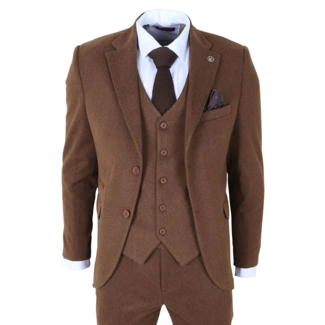 IM42 - Men's Brown 3 Piece Tweed Herringbone Suits