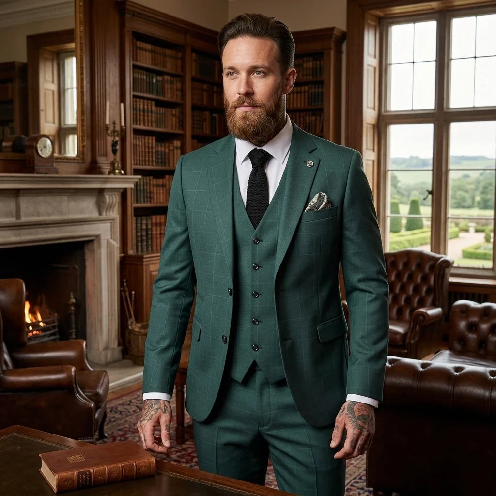 IM52 - Men's Green Check 3 Piece Tailored Fit Suit