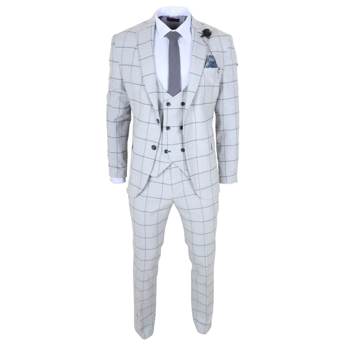 TP-33 - Men's 3 Piece Tailored Fit Grey Plaid Check Suit