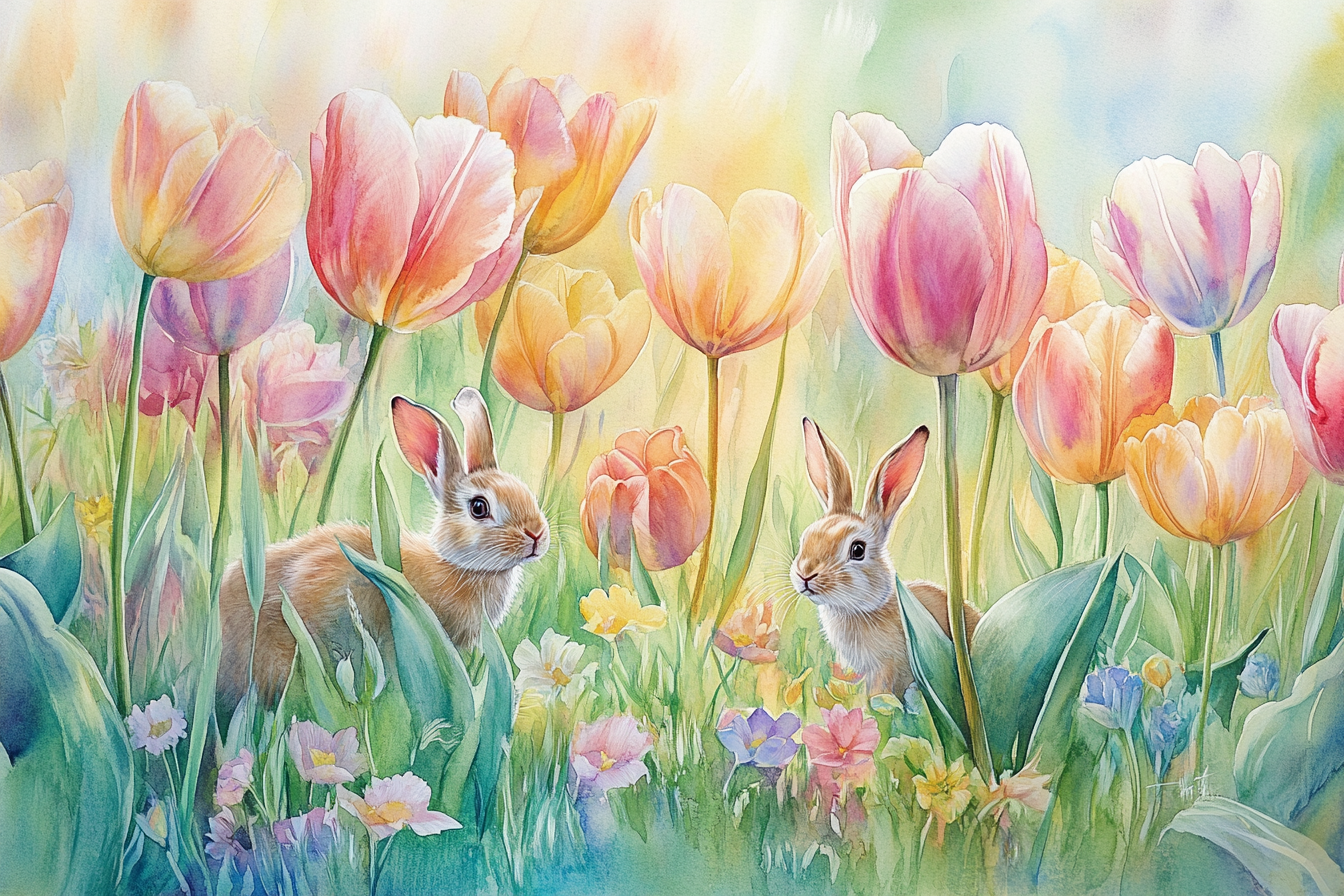 Tulip Meadow and Rabbits Canvas