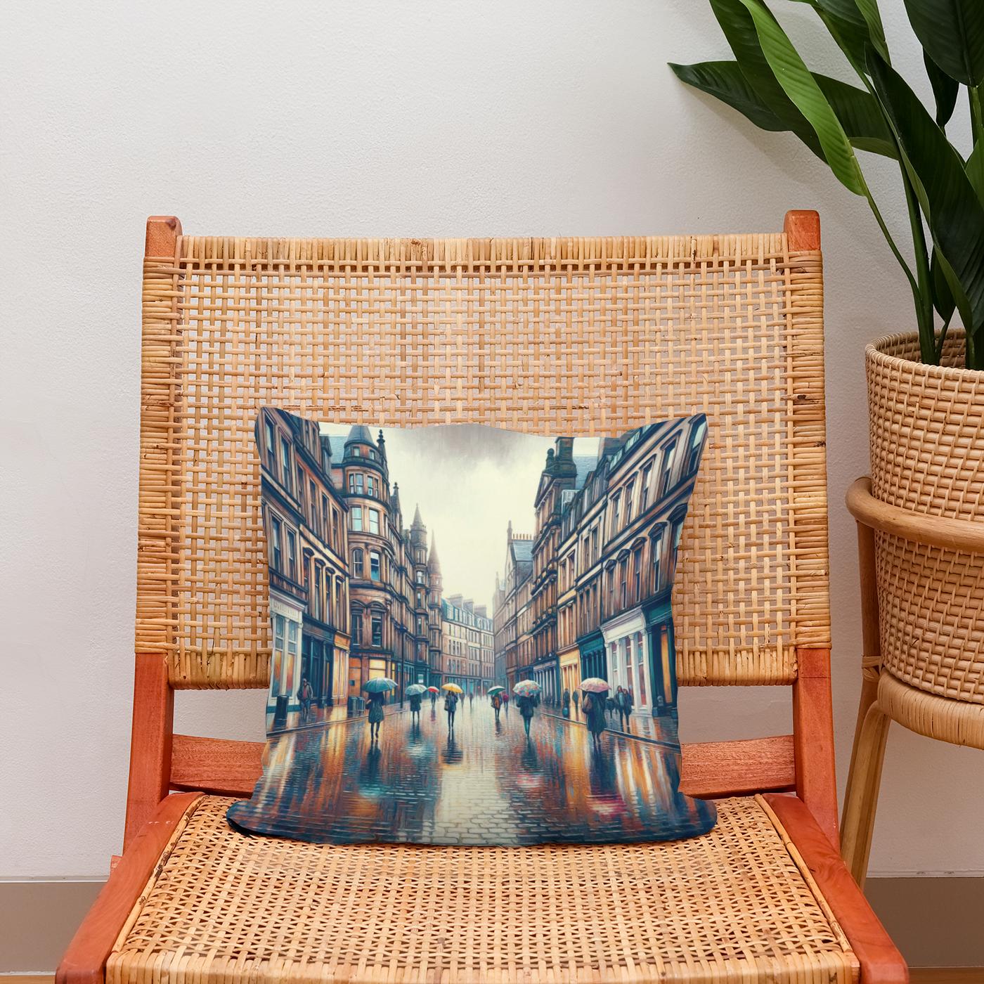 Rainy Glasgow Street Cotton Cushion