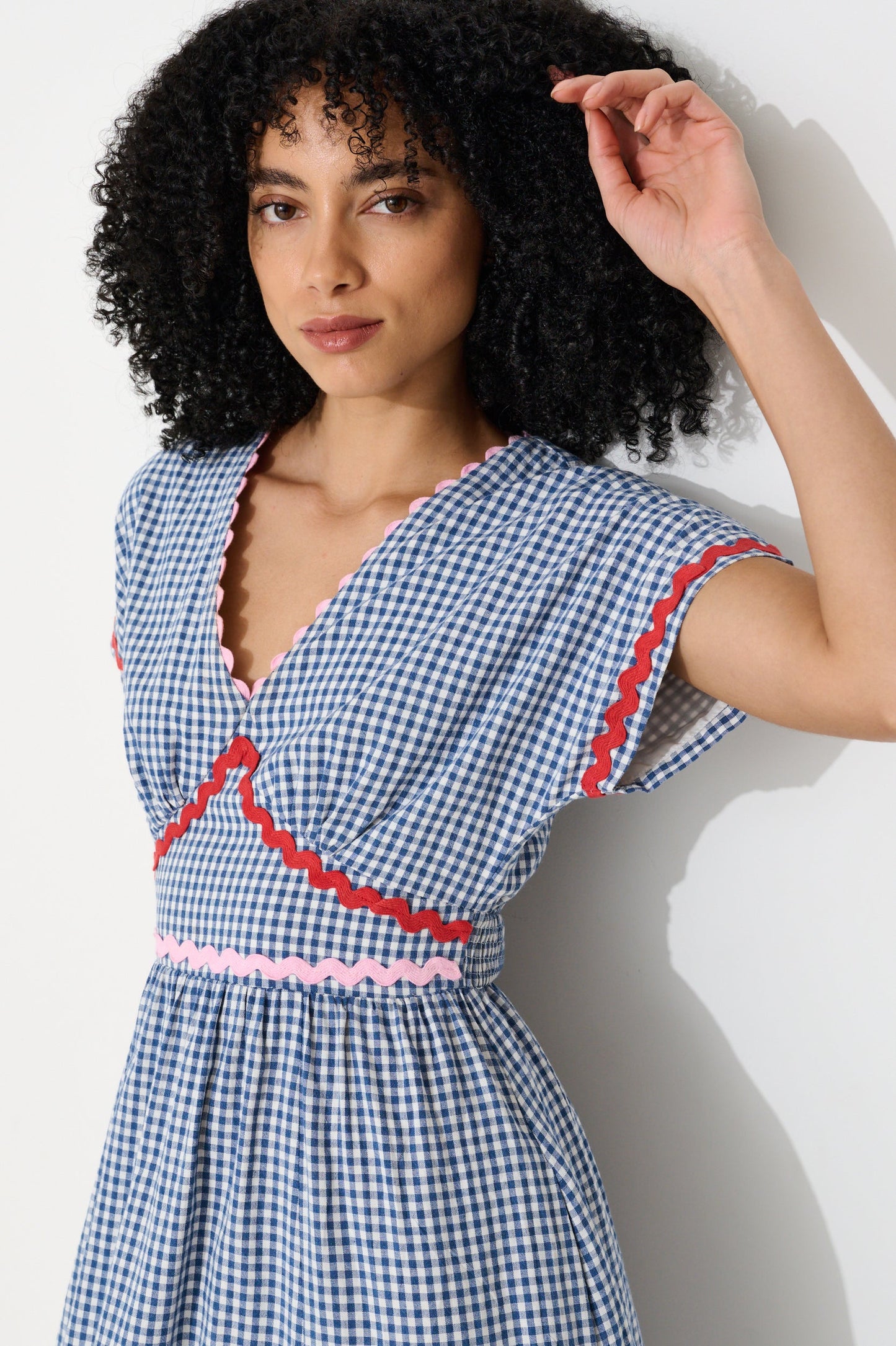 Unity Gingham Ric Rac Trim V-Neck Midi Dress - Blue