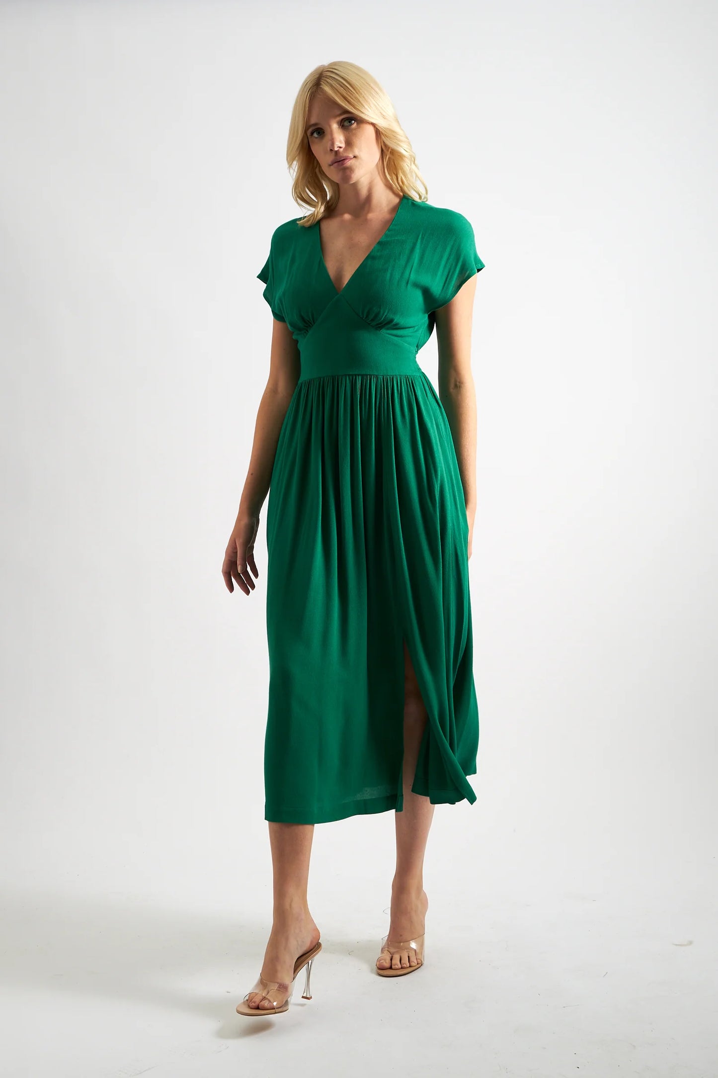 Unity Moss Crepe V-Neck Midi Dress - Green