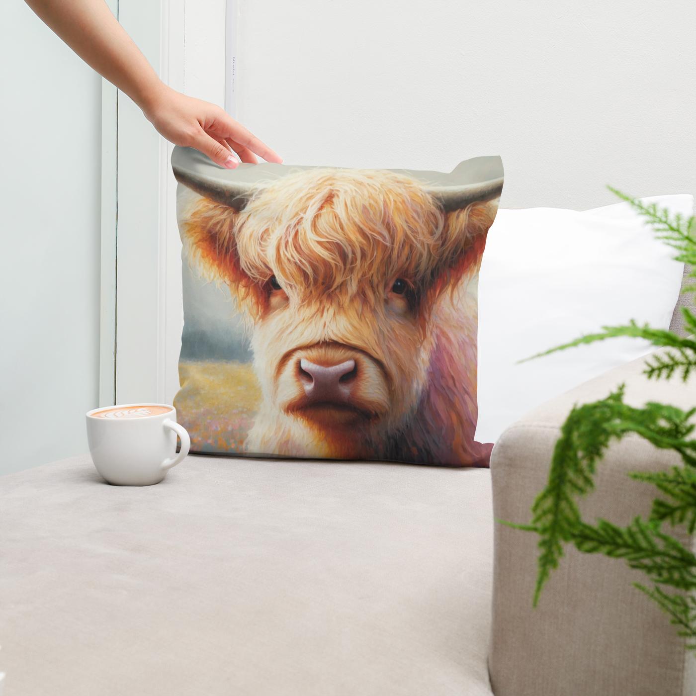 Gentle Highland Cow Gaze Cotton Cushion