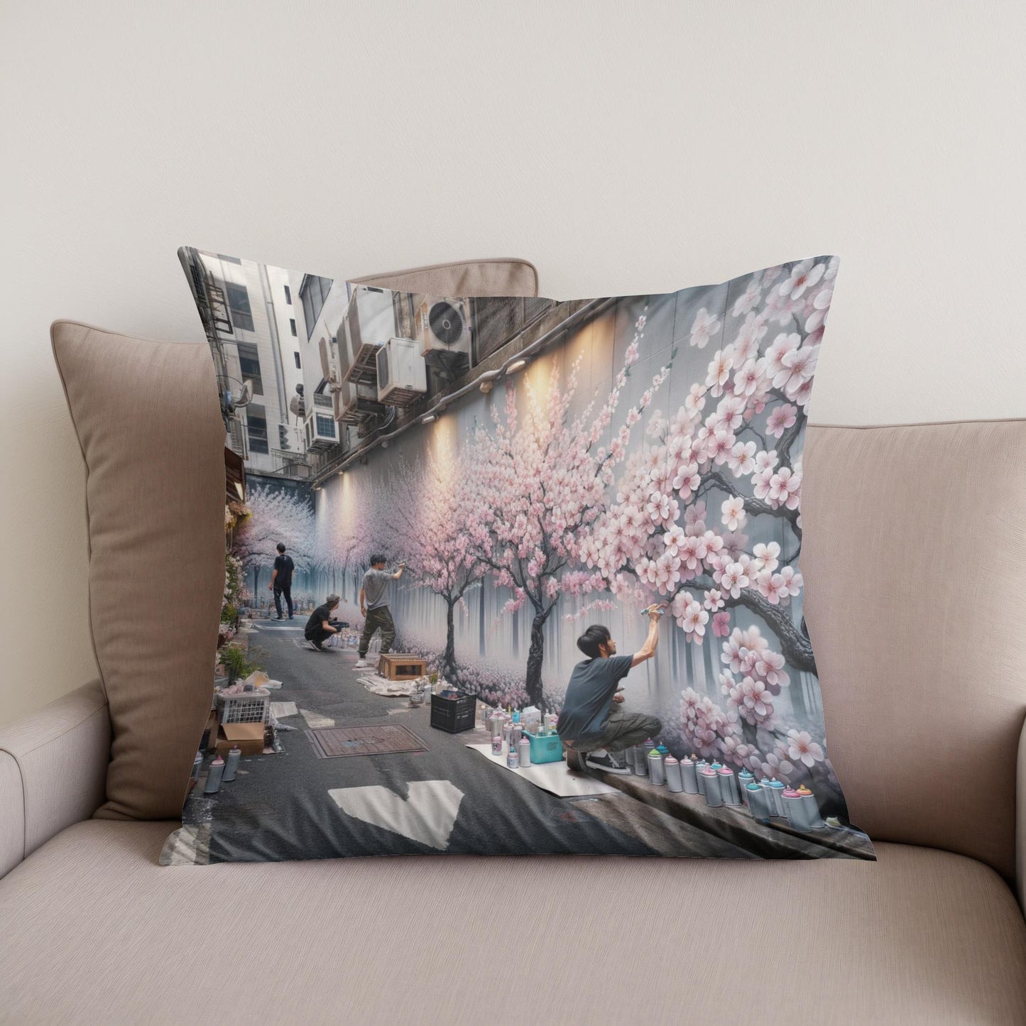 Cherry Blossom Graffiti Cotton Cushion
