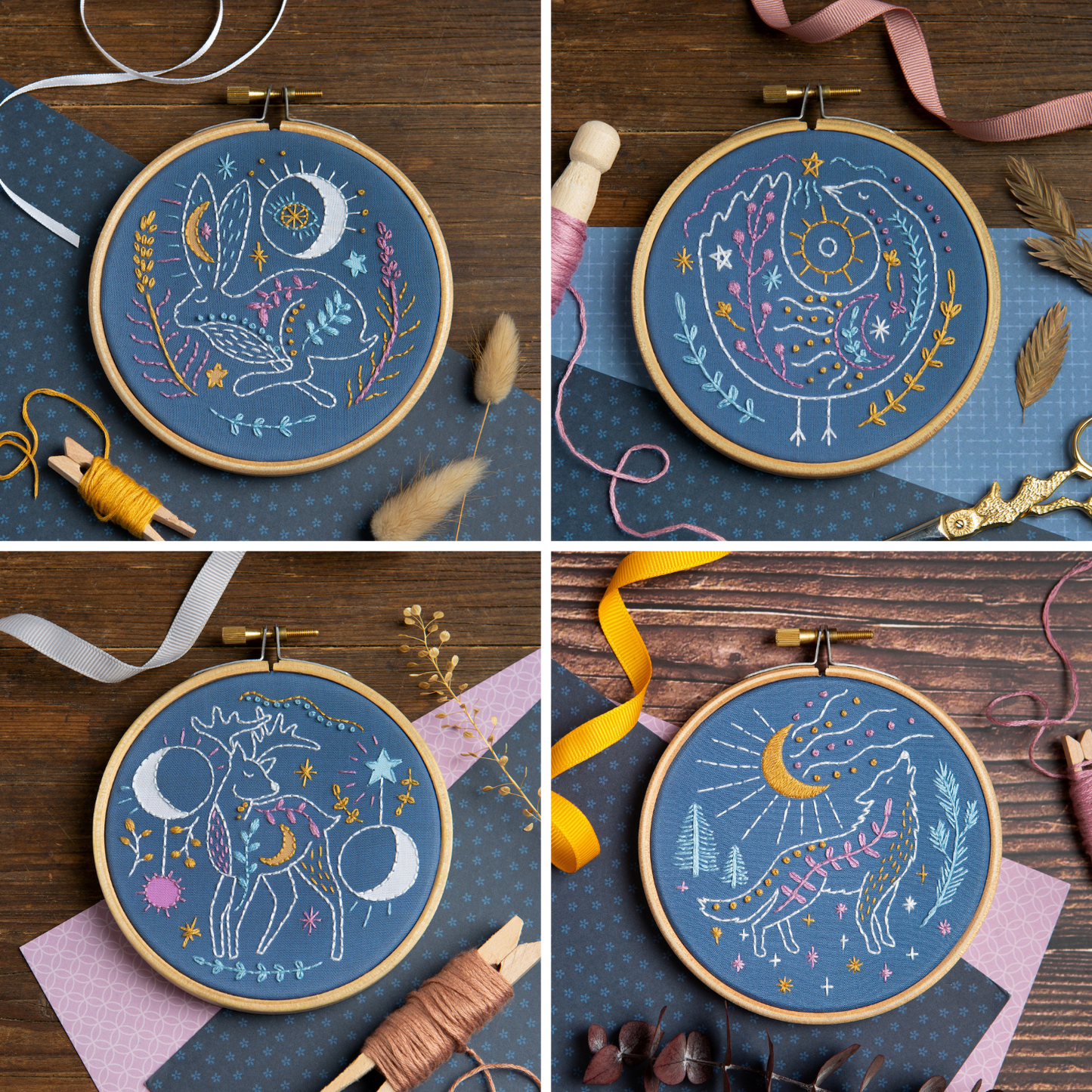 'Celestial Wolf' Moon and Stars Mini Embroidery Kit for Beginners