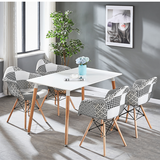 5PCs Dining Set - a White Halo Dining Table & Set of 4 Black/White Patchwork Accent Chairs
