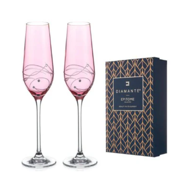 Diamante Pink Champagne Flutes with Spiral Design Cutting - Set of 2 - In Gift Box