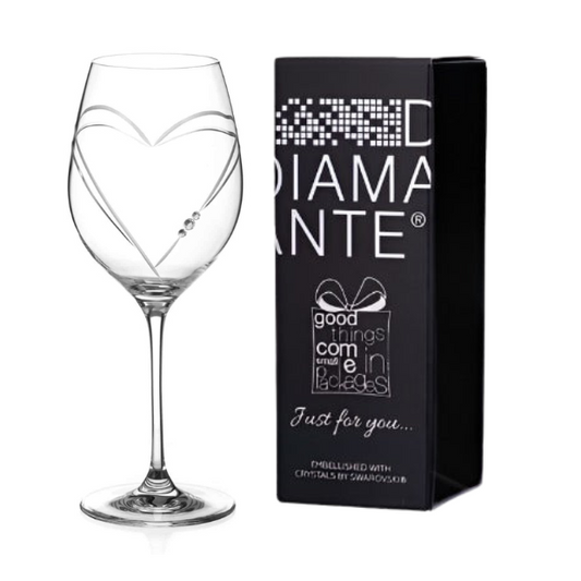 Diamante "Just For You" Wine Glass with Heart Shaped Cutting - In Gift Box