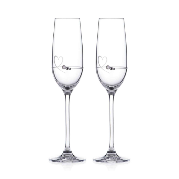 Diamante Petit Champagne Flutes with Heart Design - Set of 2 - In Gift Box