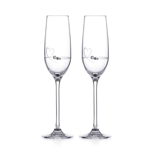 Diamante Petit Champagne Flutes with Heart Design - Set of 2 - In Gift Box