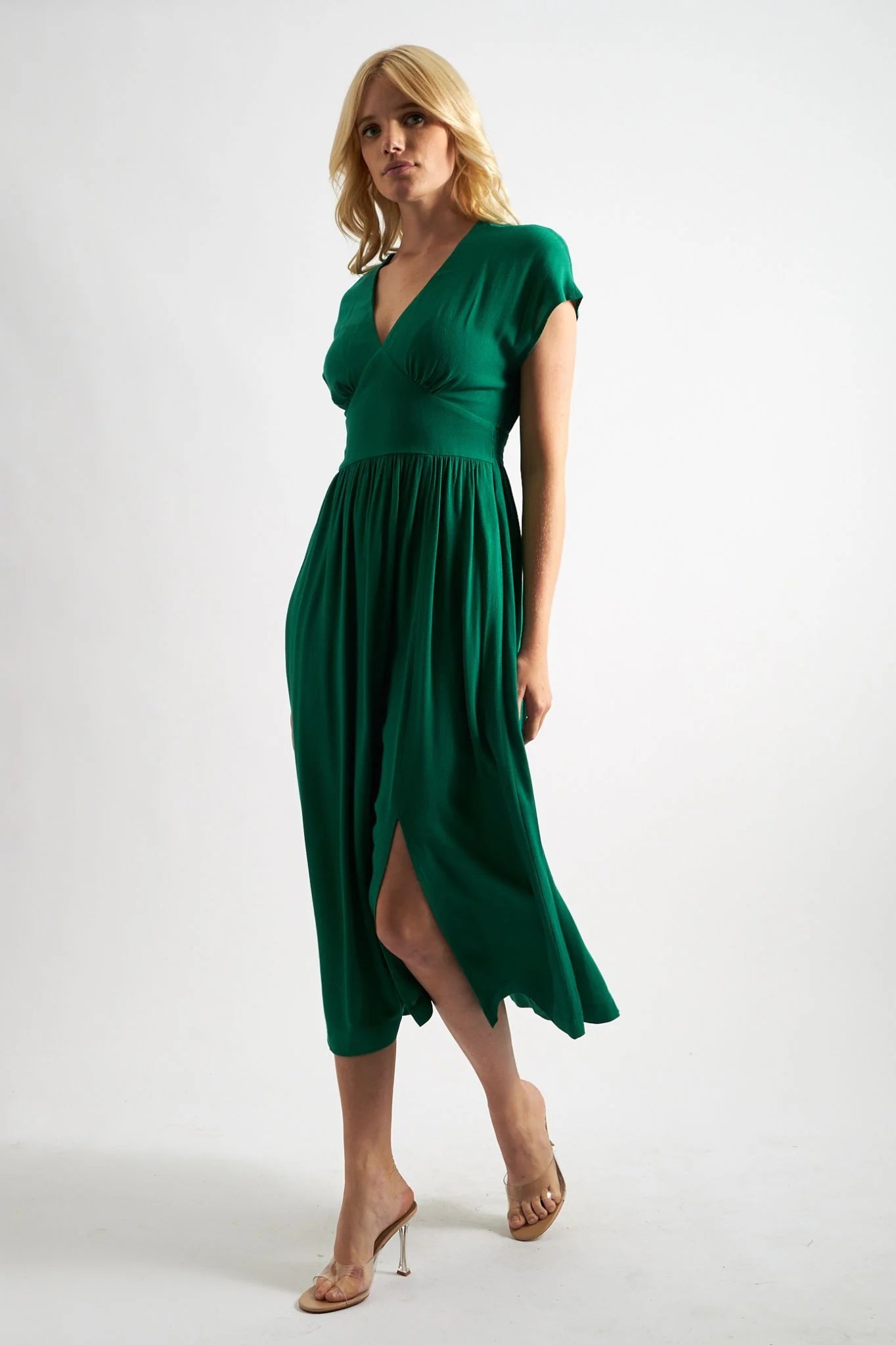 Unity Moss Crepe V-Neck Midi Dress - Green