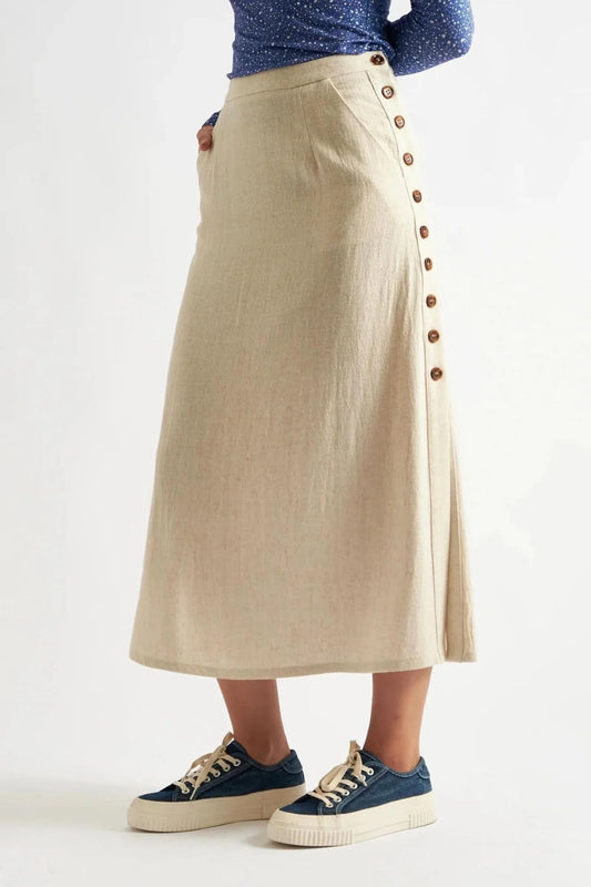 Lloyd Linen Mix Button Side Midi Skirt - Natural