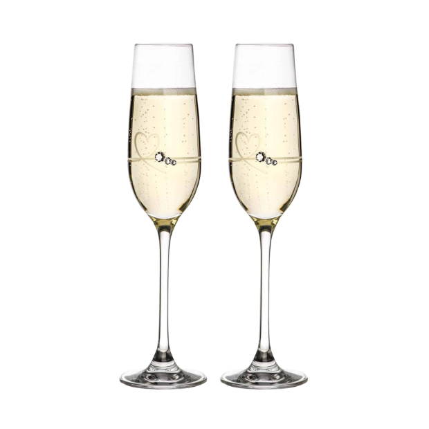 Diamante Petit Champagne Flutes with Heart Design - Set of 2 - In Gift Box