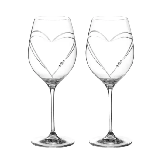 Diamante Wine Glasses with Heart Shaped Cut - Pair in Gift Box