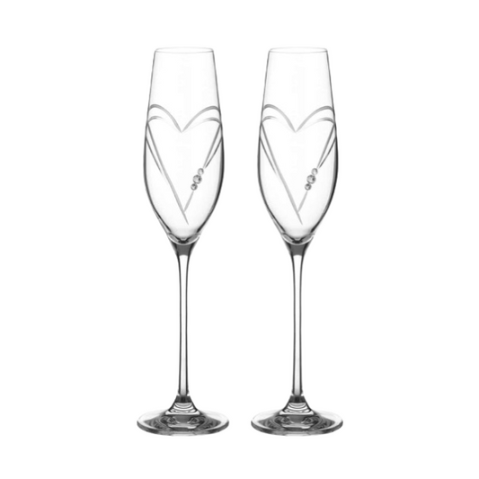 Diamante Champagne Flutes with Heart Shaped Cutting - In Gift Box