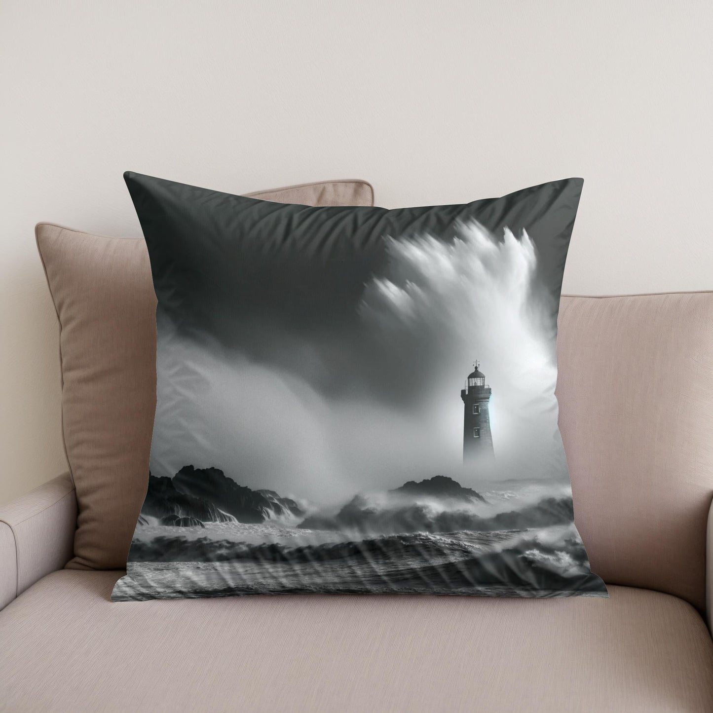 Solitary Beacon: Stormy Seas Cotton Cushion