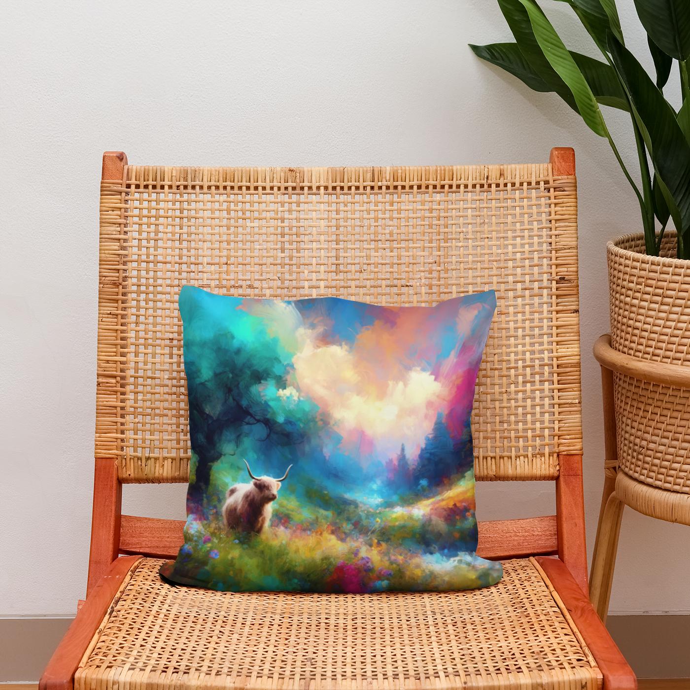 Vivid Highland Cow Escape Cotton Cushion