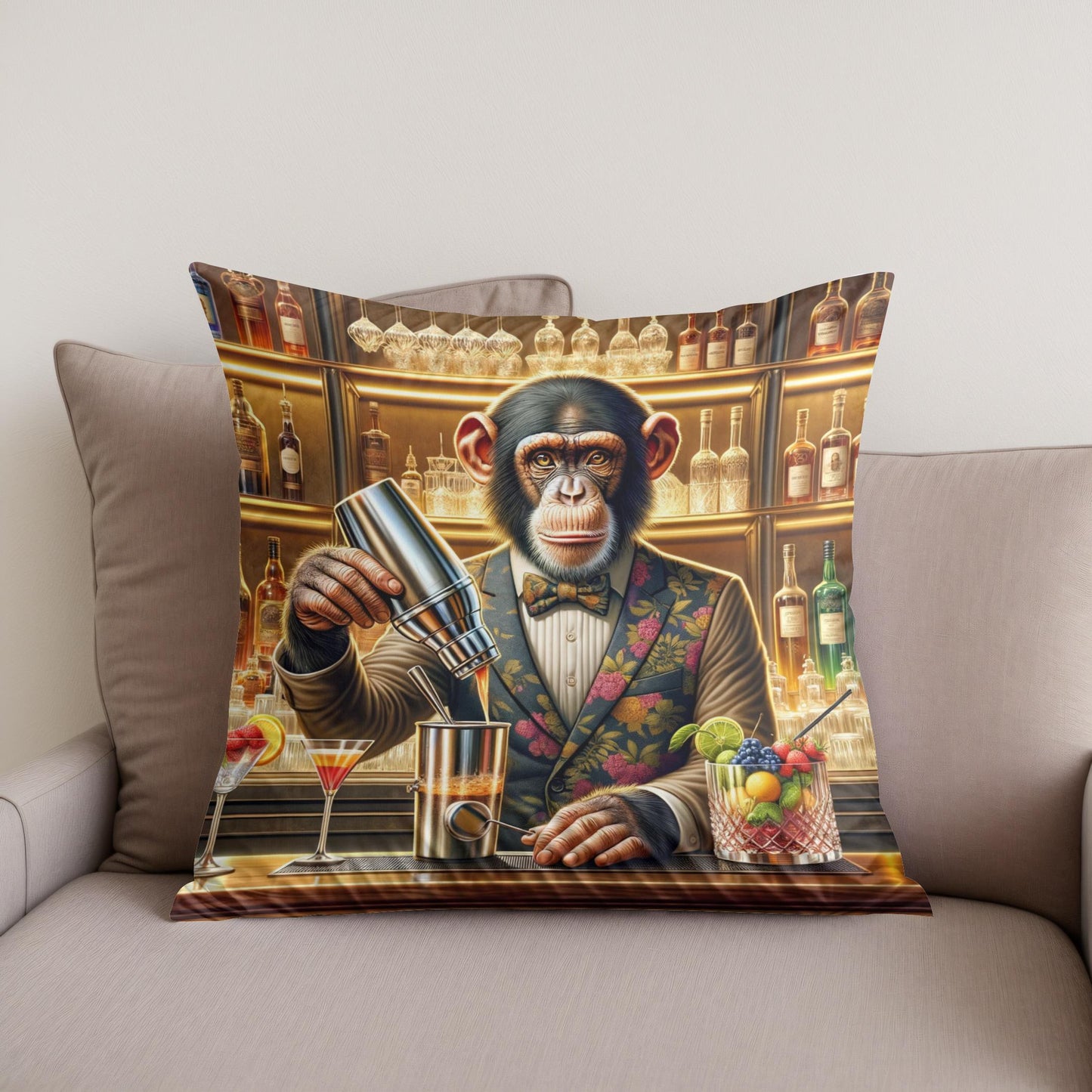 Chimpanzee Mixologist Cotton Cushion