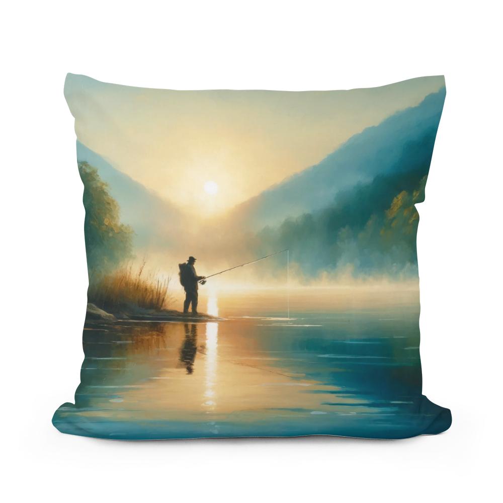 Tranquil Dawn Fishing Cotton Cushion