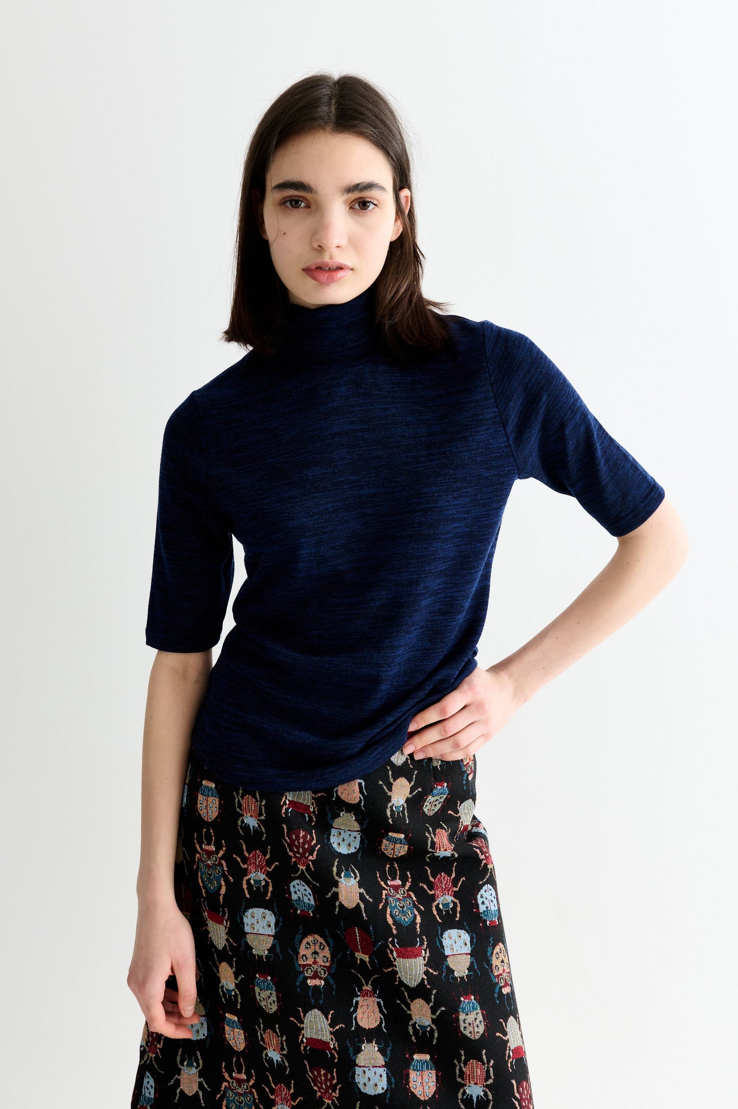 Vista Sustainable Marl Short Sleeve Polo Neck Top - Navy