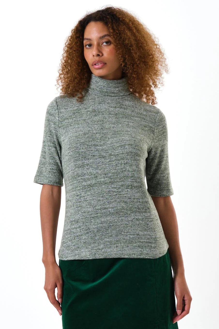 Vista Soft Marl Polo Neck Short Sleeve Top - Green