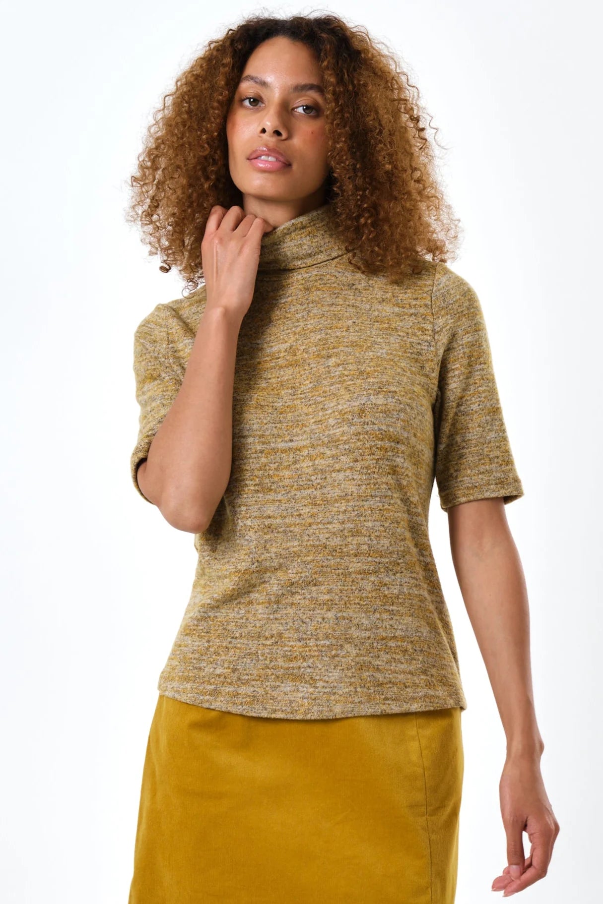 Vista Soft Marl Polo Neck Short Sleeve Top - Mustard