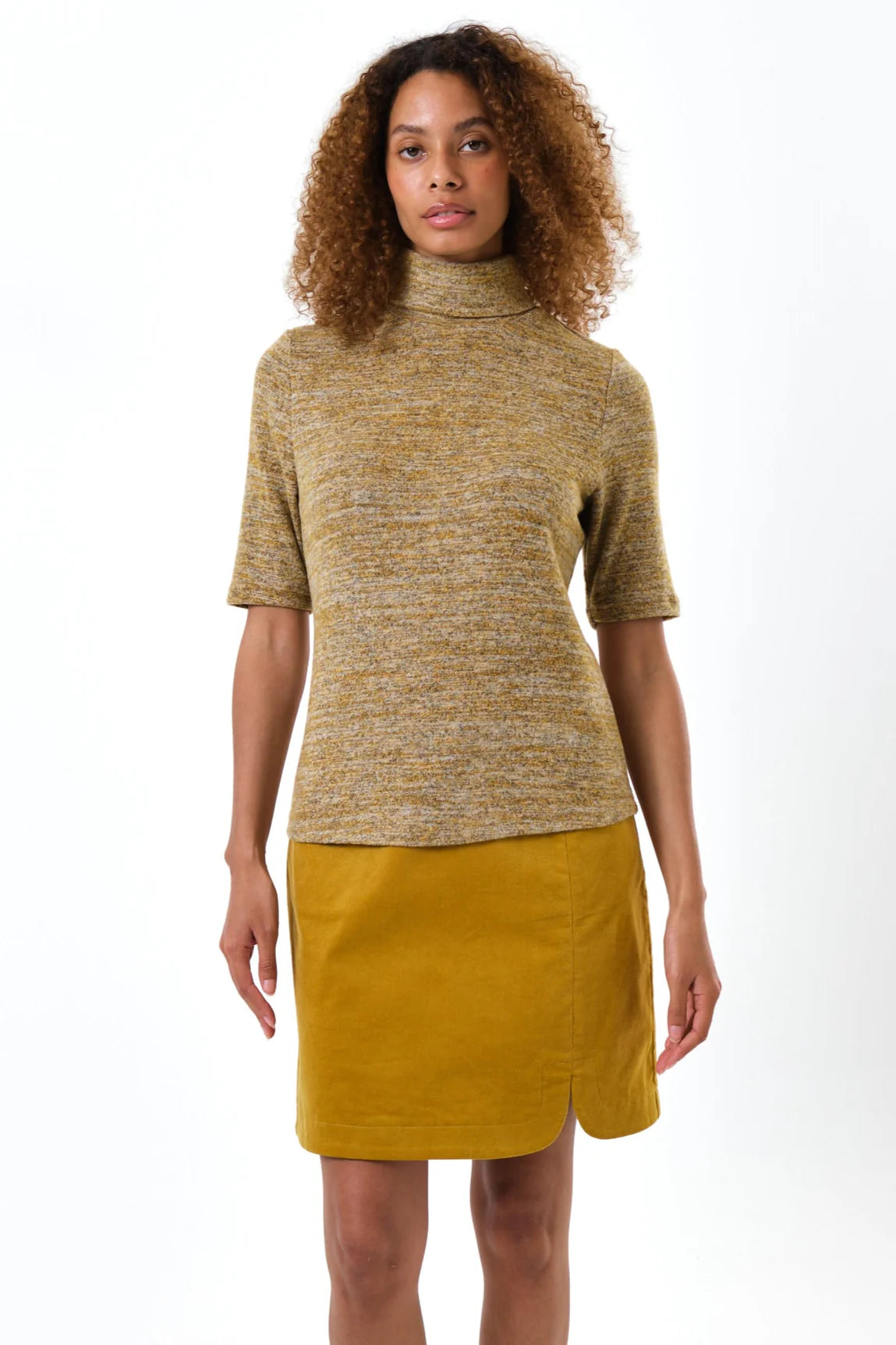 Vista Soft Marl Polo Neck Short Sleeve Top - Mustard