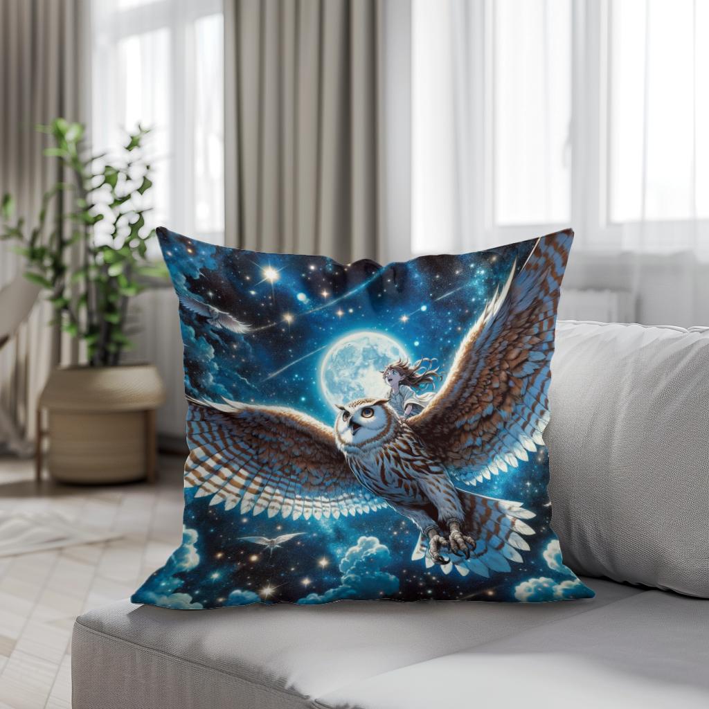 Moonlit Owl Ride Cotton Cushion