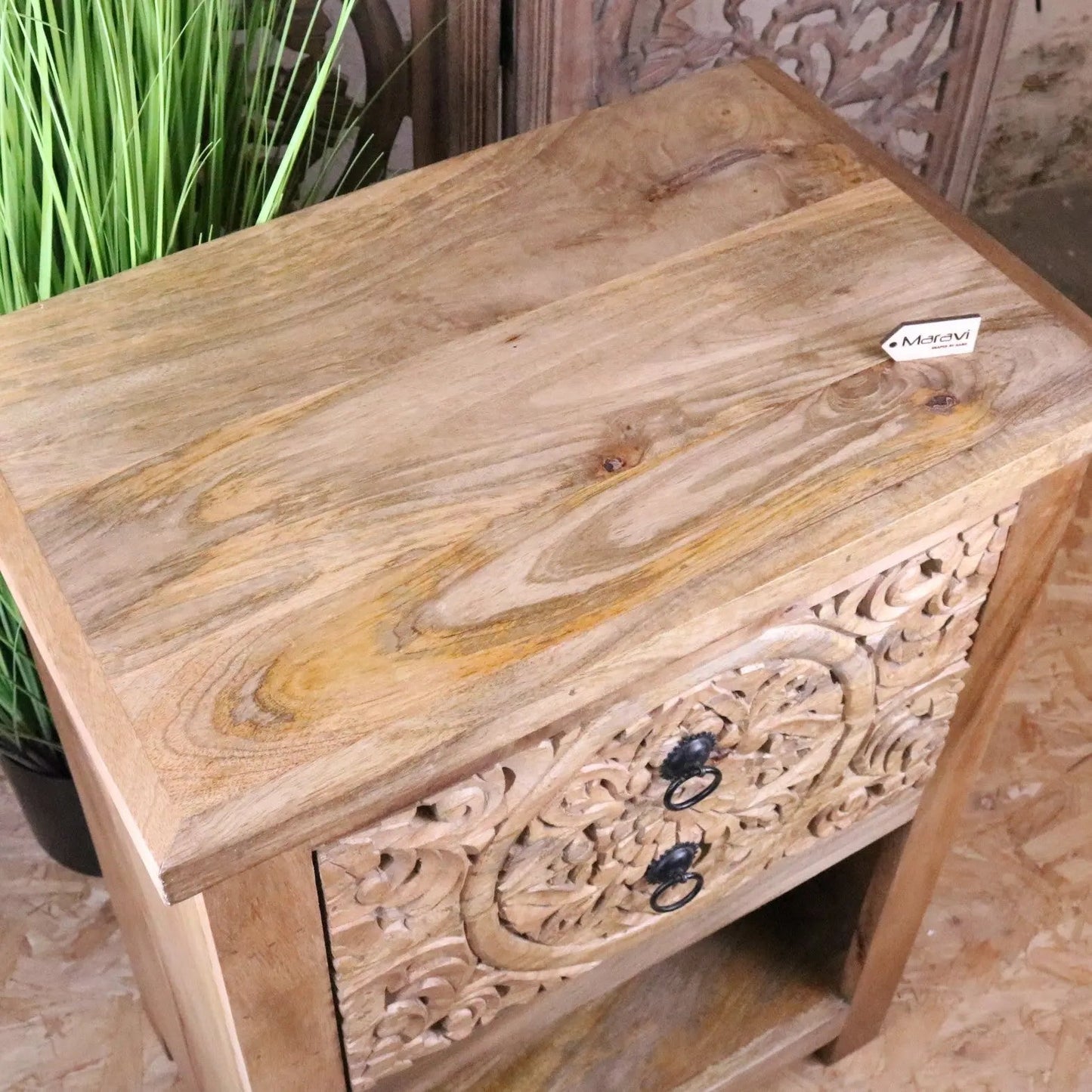 Vansura Carved Bedside Table 2 Drawer